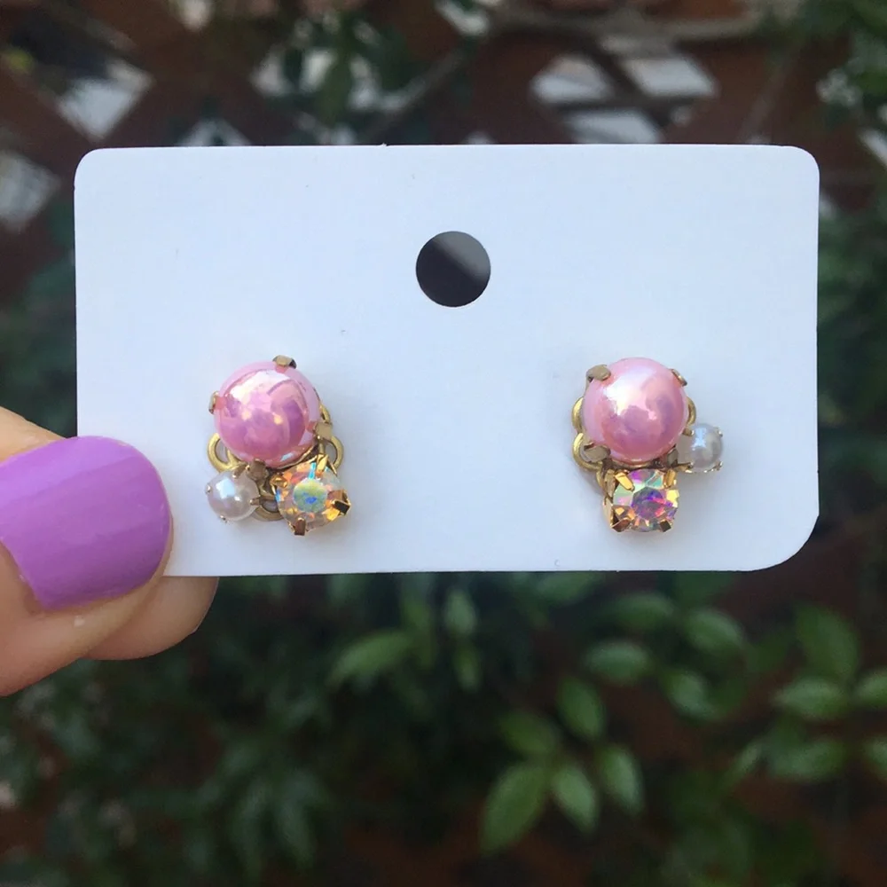 Iridescent Pink + Aurora Borealis Crystal Vintage Style Earrings